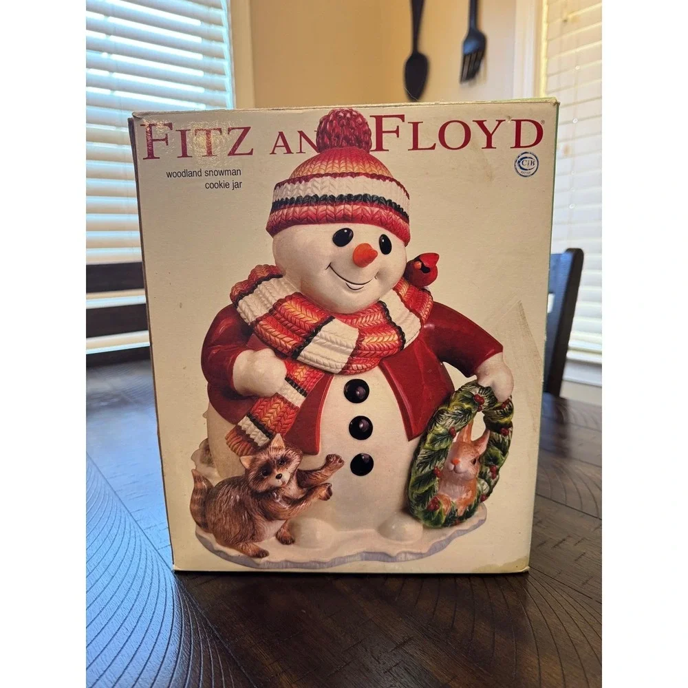 Fitz‎ and Floyd Woodland Snowman Cookie Jar Christmas Holiday Decor Ceramic